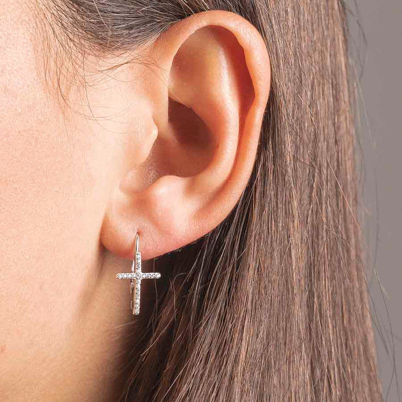 silver earrings with zirconia cross