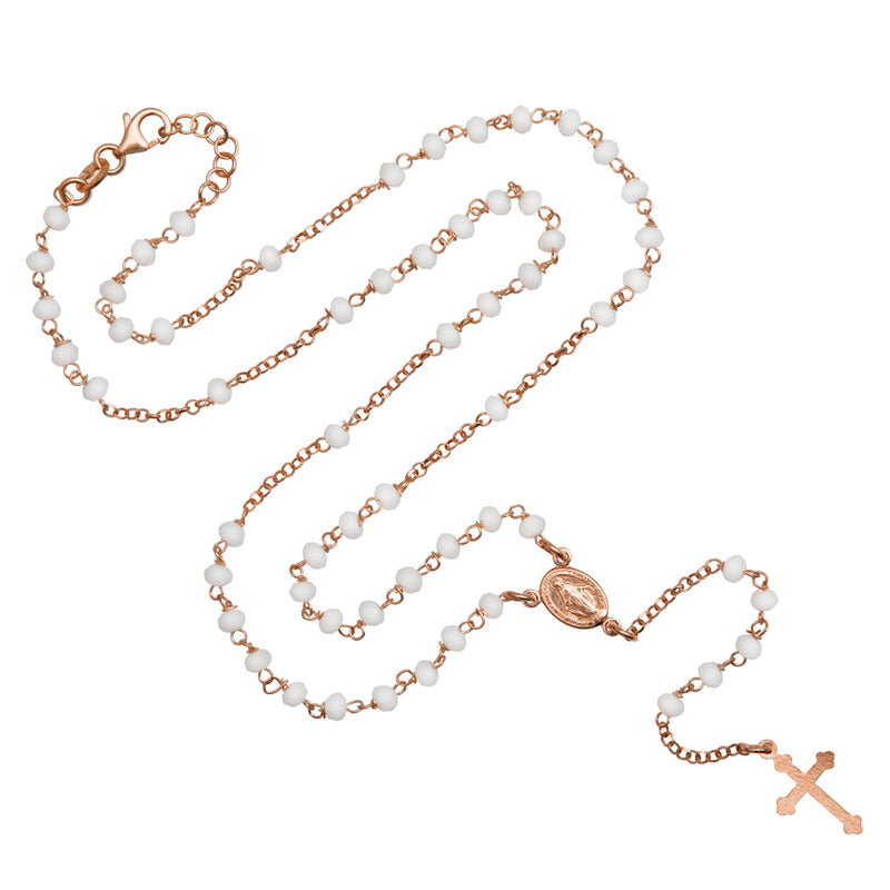rosary necklace with white beads and rose silver binding