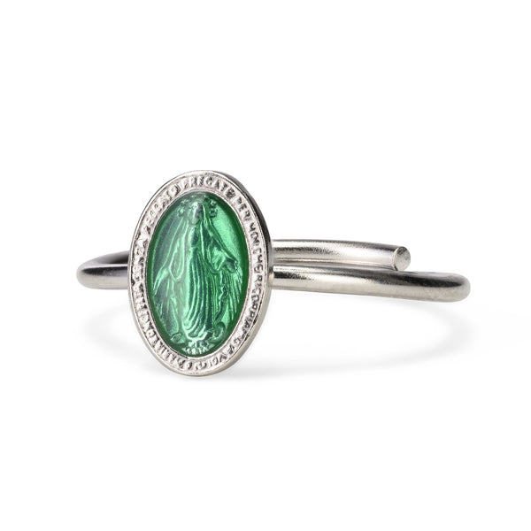 adjustable green miraculous medal ring