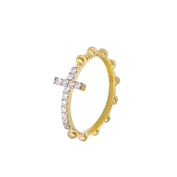 Rosary Ring in Golden Sterling Silver and Zirconia Cross