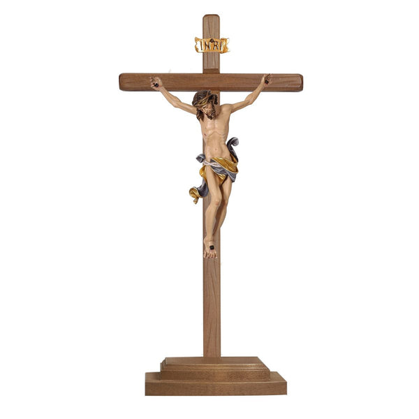 Handcarved Wood Standing Crucifix with Blue Drape