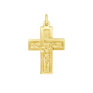 gold crucifix pendant in geometric design