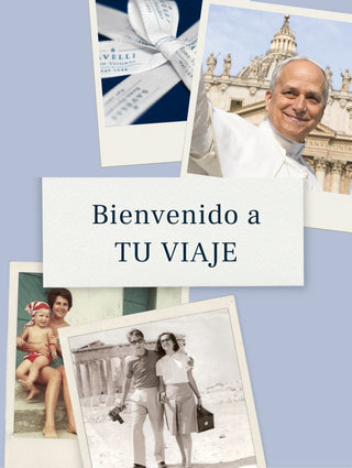 Collage of Savelli's photos with text 'Bienvenido a TU VIAJE'