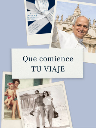 Collage of Savelli's photos with text 'Que comience TU VIAJE'
