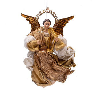 An angel Christmas ornament featuring a female angel with brown wings, holding a gold harp, dressed in a brown and white textured gown with gold sequins, suspended.