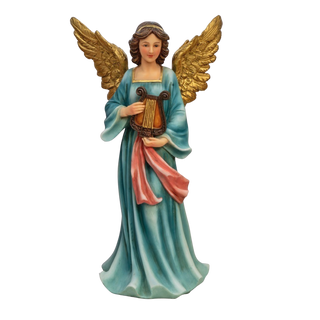 Christmas Angel figurine with gold wings and a lyre statue in hand-painted resin