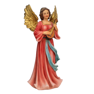 Christmas angel figurine with gold wings and a red dress 