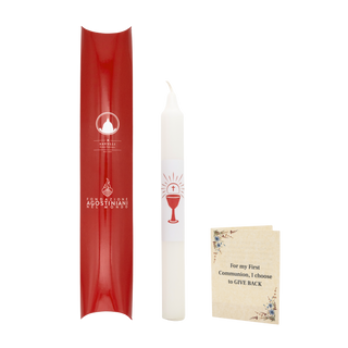 Red candle holder, white candle, and card with text on a white background
