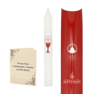 White candle with red design, beige book, and red box on a white background
