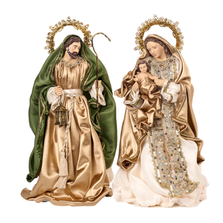 Luxury Holy Family Nativity Set featuring Mary, Joseph and Baby Jesus in hand-painted resin with elegant draped fabric robes and golden details.