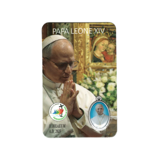 Card featuring Pope Leo XIV with a religious design and the Our Lady of Good Counsel Picture on the background