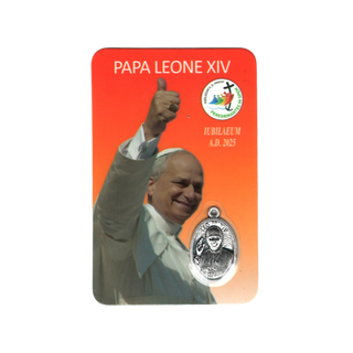 Card featuring a portrait of a Pope Leo with a medal on an orange background