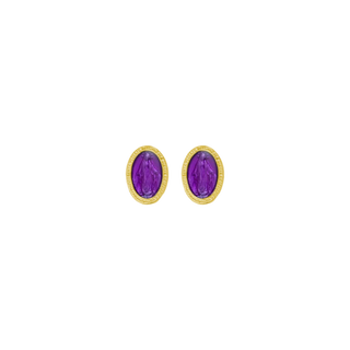 Pair of golden silver earrings with purple enamelled Miraculous Medal
