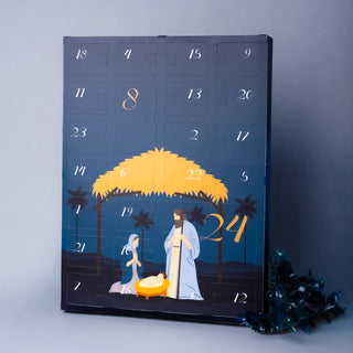 Advent calendar with nativity scene design on a blue background