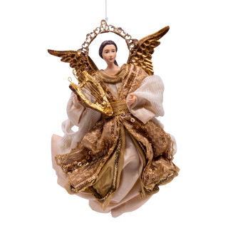 An angel Christmas ornament featuring a female angel figure with brown hair, wearing a gold and beige gown with sequins, holding a gold harp, and framed by gold wings and a gold halo.