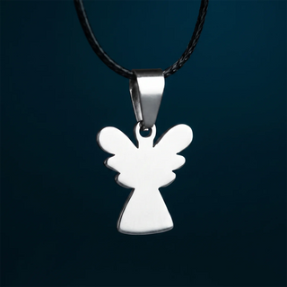 A close-up of a Silver angel pendant on a black cord, against a dark teal background.