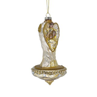 A vintage-style glass Christmas ornament depicting the Angel with Mary and Baby Jesus, with a gold-toned base and a hanging loop at the top.