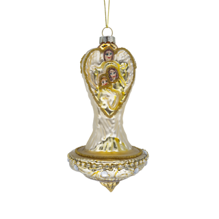 A vintage-style glass Christmas ornament depicting the Angel with Mary and Baby Jesus, with a gold-toned base and a hanging loop at the top.