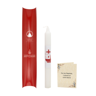 Catholic baptism favor with red packaging and a card, featuring Savelli and Osafund branding.