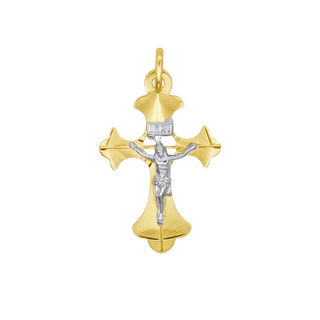 Gold crucifix pendant featuring a bicolor design with polished gold and silver accents.