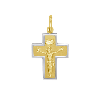 Gold crucifix pendant in bicolor gold with intricate Jesus figure detail.