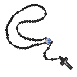 Black rosary with a cross pendant on a white background