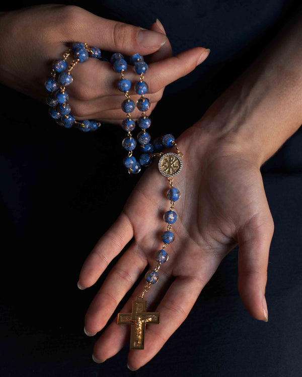 Blue Glass Rosary Beads in Golden Silver