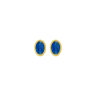 Pair of golden silver earrings with blue enamelled Miraculous Medal