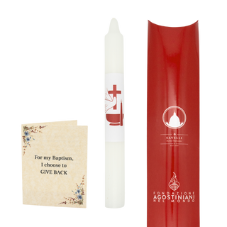 Catholic baptism candle with red packaging and a card, featuring Savelli and Osafund branding.