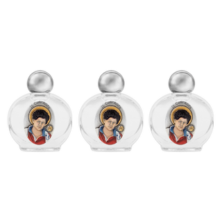 Small glass bottle with a silver cap featuring an image of Carlo Acutis set of 3