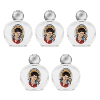 Small glass bottle with a silver cap featuring an image of Carlo Acutis set of 5