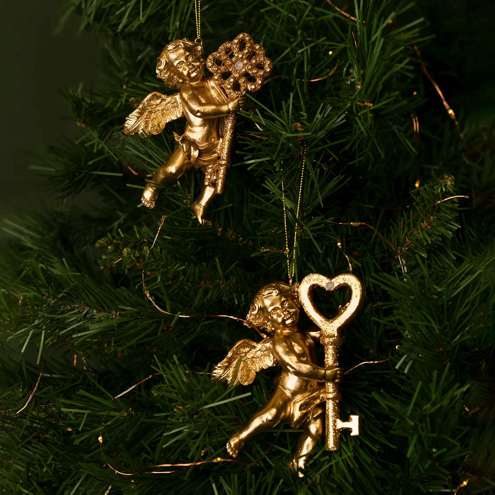 Gold angel christmas tree ornaments with key and heart 