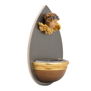 A decorative wall-mounted bowl fountain with a teardrop-shaped gray backplate, a gold-trimmed brown bowl, and a sculpted cherub head with gold wings near the top, shown on a plain white background.