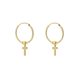 Hoop earring features a delicate hanging cross charm in 18k gold.