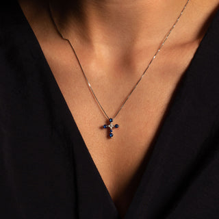 CROSS NECKLACE - BLUE ZIRCONIA AND SILVER