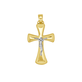 Gold crucifix pendant featuring a bicolor design with a silver figure of Christ.