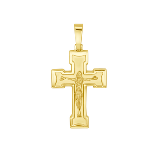 Gold crucifix pendant showcasing a beautifully crafted 18k gold design with intricate details.