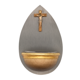 Teardrop-shaped silver-toned metal wall-mounted holy water font with a  crucifix mounted near the top center
