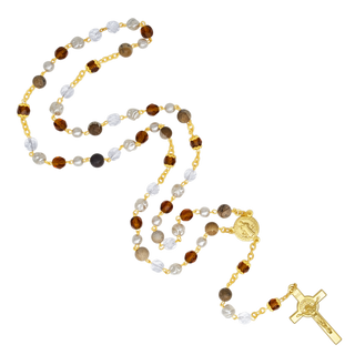 Saint Benedict Rosary in golden metal
 with brown, white, and gold crystals and stones beads