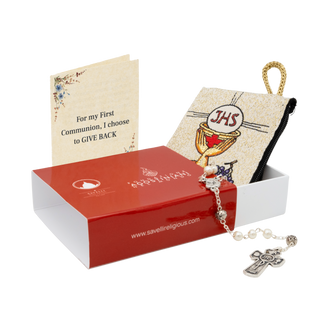 Religious First Communion favor gift set with rosary, pouch, and card in a red box