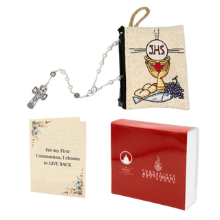 Religious First Communion favor gift set with rosary, pouch, and card in a red box