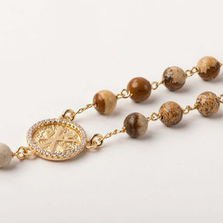 Fossil wood beads vermeil silver rosary