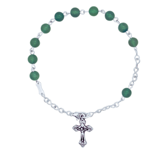 Green beaded rosary bracelet with a crucifix charm