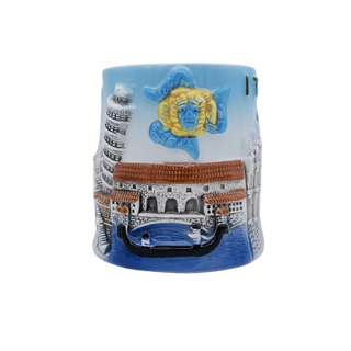 A ceramic mug featuring a colorful relief design of Venice, including the St. Mark's Bridge, gondola, and a blue and gold Medusa head motif 