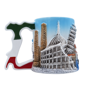A ceramic mug shaped like the Italian flag, featuring raised 3D relief illustrations of famous Italian landmarks including the Leaning Tower of Pisa, Colosseum, and St. Peter's Basilica.