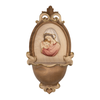 Madonna with Child holy water font for home in carved wood