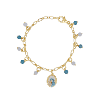 Golden brass bracelet with blue and white beads and a St Mary pendant 