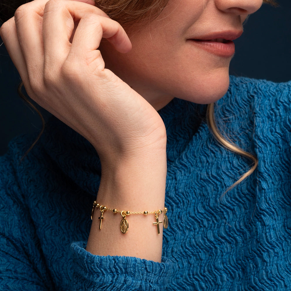 Miraculous medal and cross charms bracelet golden silver