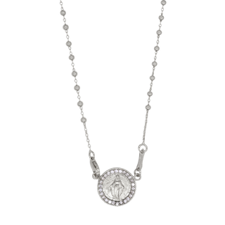 Silver Miraculous Medal necklace with a round medallion pendant surrounded by small clear zirconia.