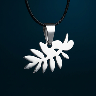 olive branch necklace in rubber cord and steel against a blue background